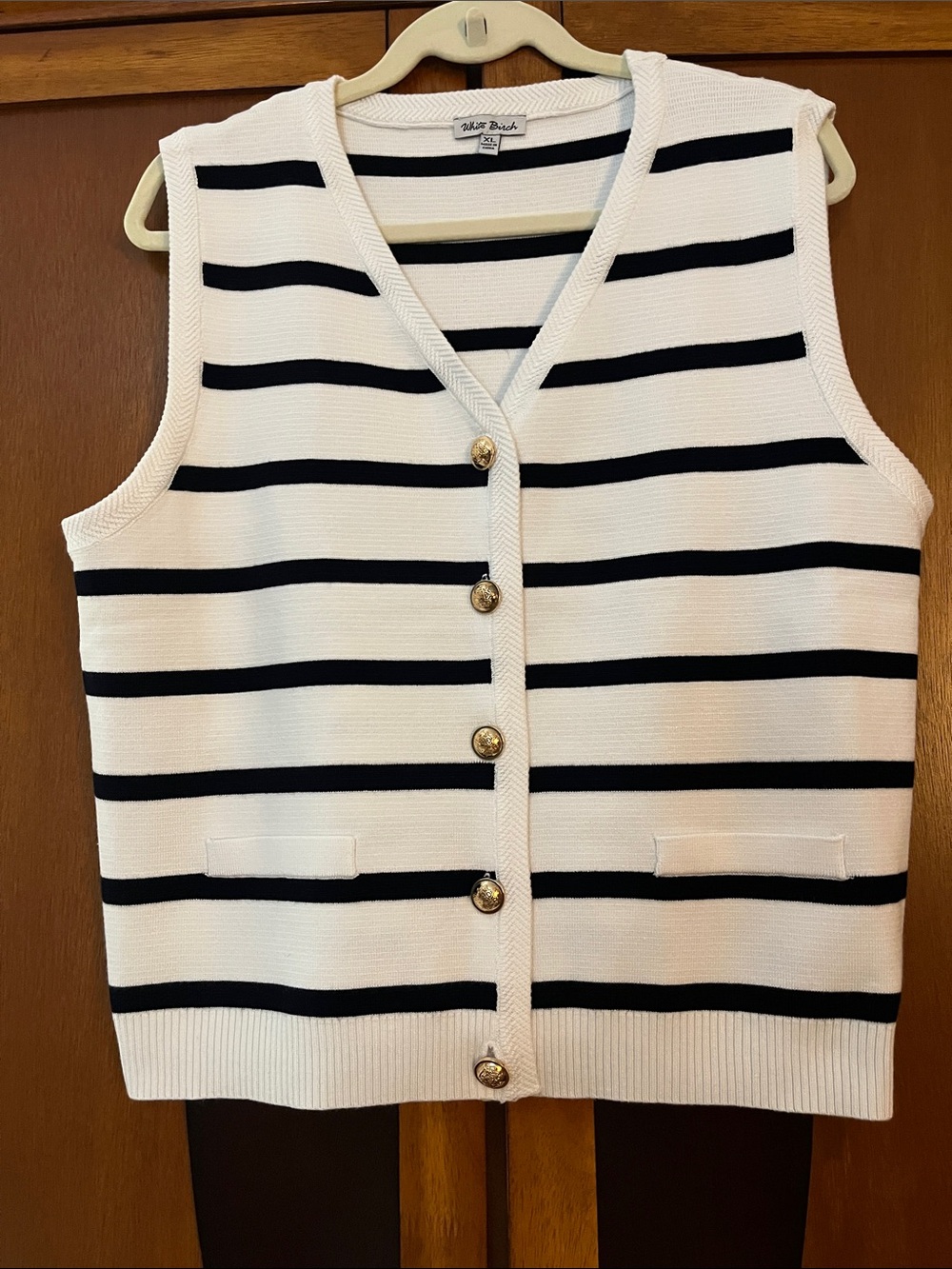 White Birch Black & White Striped V-Neck Sweater Vest w/Braid Trim &Gold Buttons